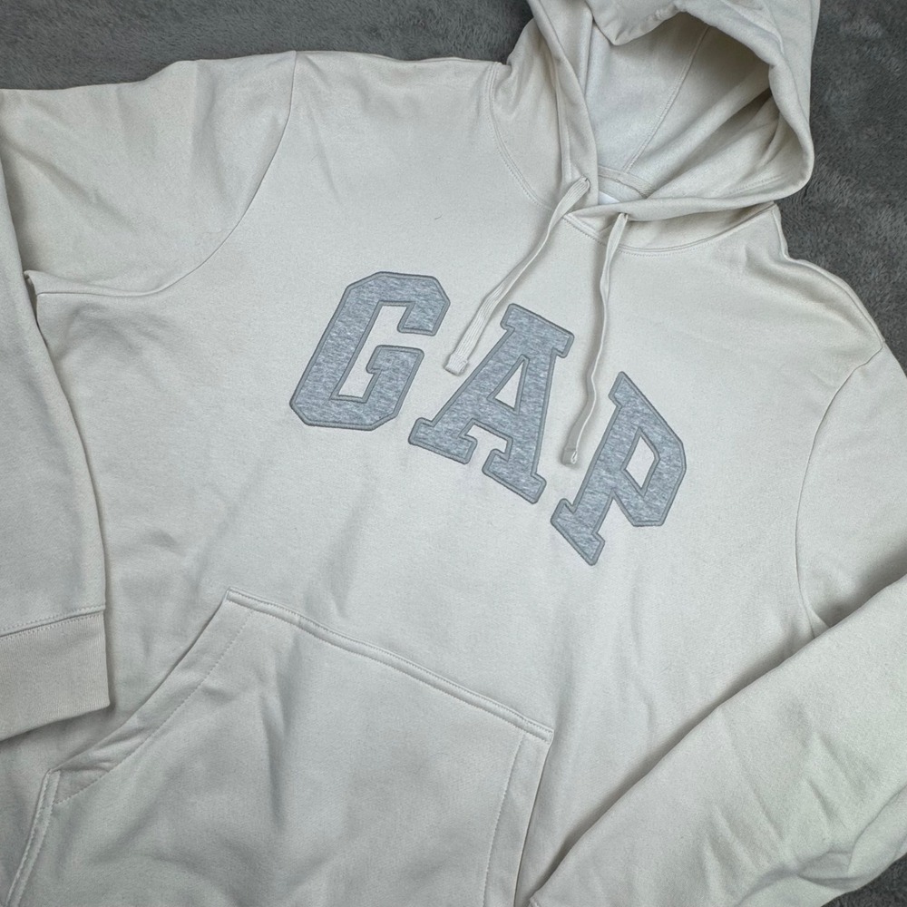 GAP Hoodie Mens XL Cream Excellent Arch Logo Fleece Pullover Sweatshirt 4028
